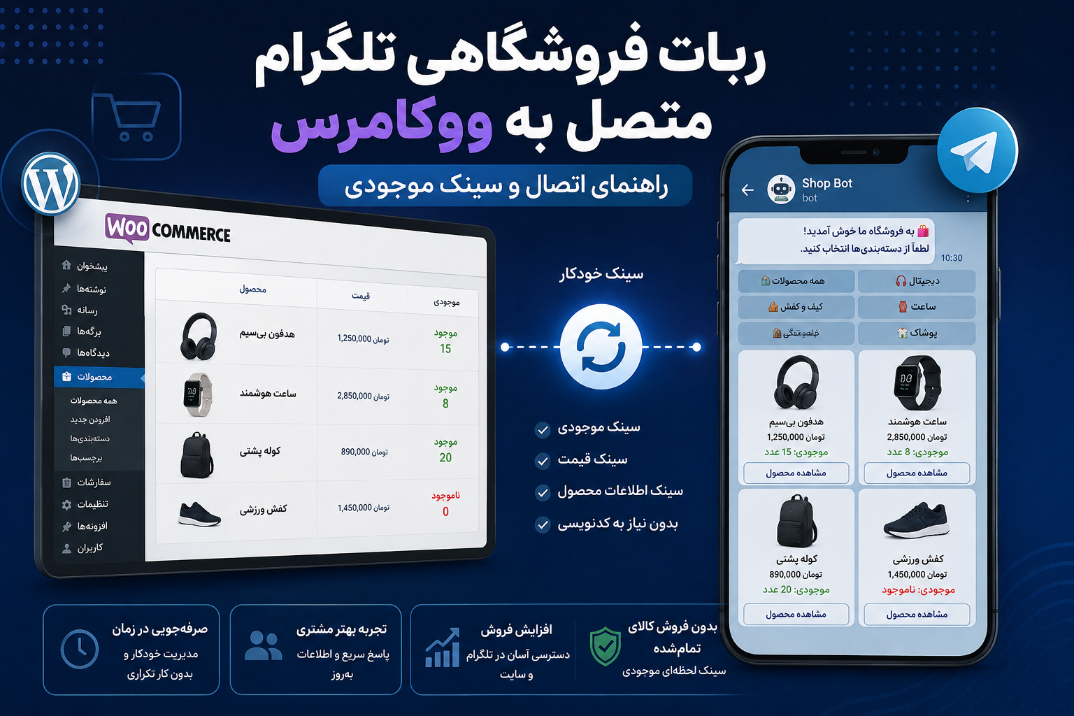 ربات فروشگاهی تلگرام متصل به ووکامرس؛ راهنمای اتصال و سینک موجودی